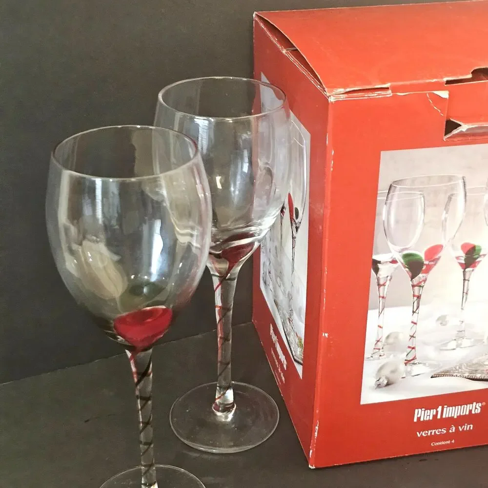 4 PIER 1 OPTIC RED GREEN DROP P1C41 SWIRL STEM WINE GOBLETS 9 1/4”T W BOX UNUSED